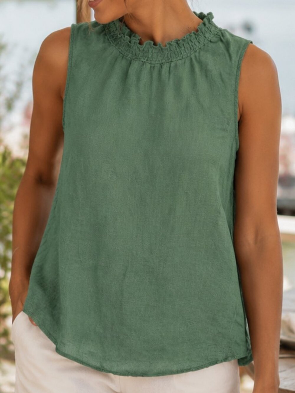 Emerald Green Linen Sleeveless Top - Harvé Benard Size L